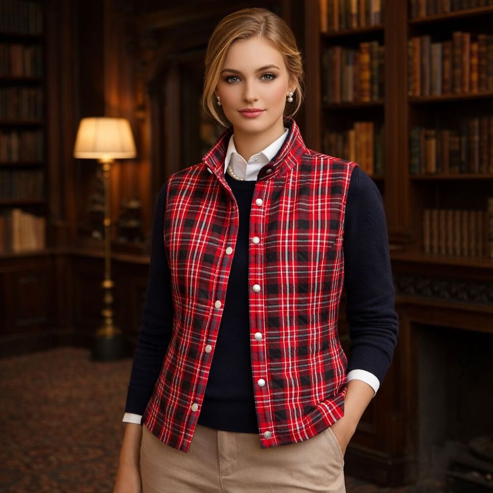 Baxter &Wells Red&Black Silver Plaid Quilted Vest SzrL Front Snap Pockets Outdoo